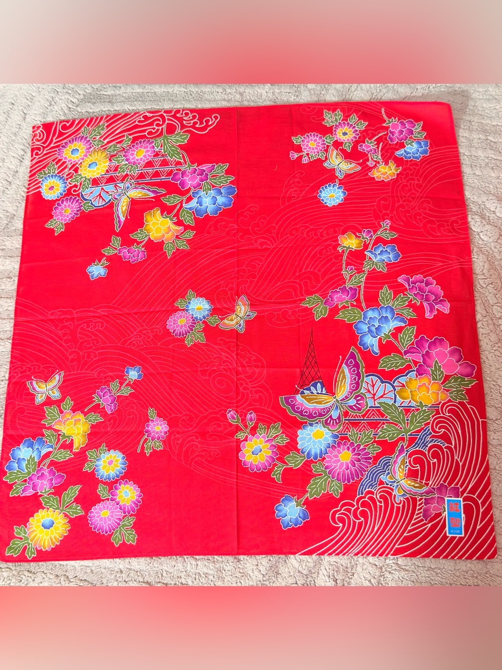 Red Floral & Butterfly Silk-Style Wrap Scarf